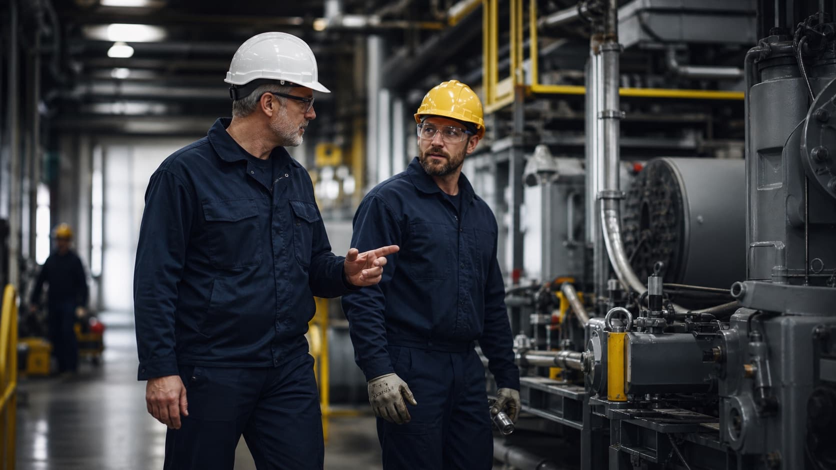 Maintenance leader and technician inspecting equipment while walking through a plant.