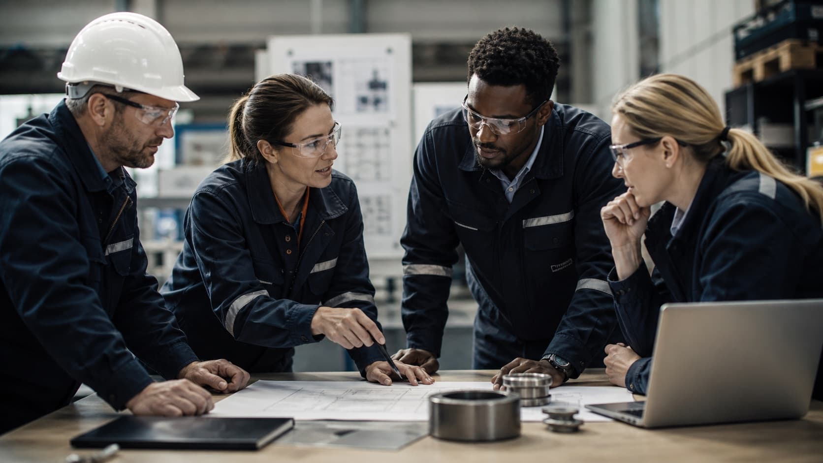 Maintenance and reliability professionals discussing an equipment plan around a worktable.