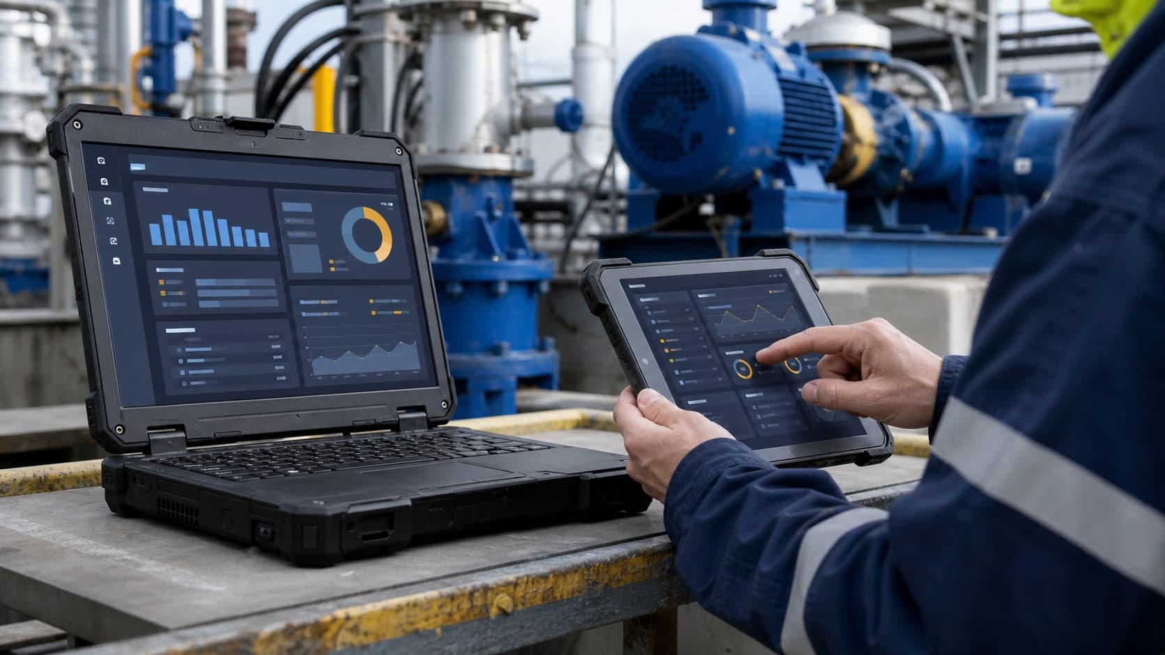 Technician using maintenance software on rugged devices beside industrial pumps.