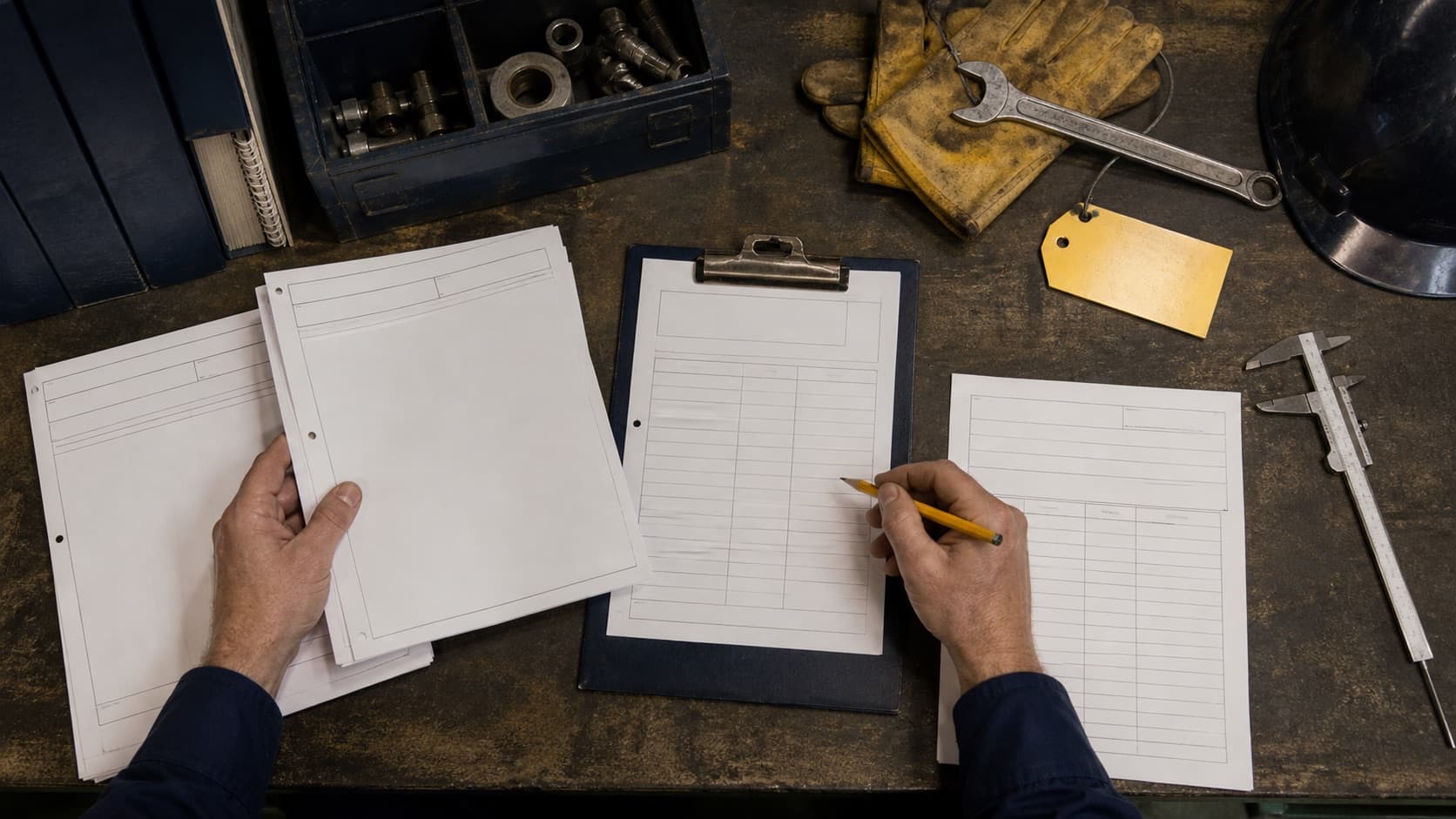 Maintenance planner organizing work-order forms and inspection sheets on a workshop desk.